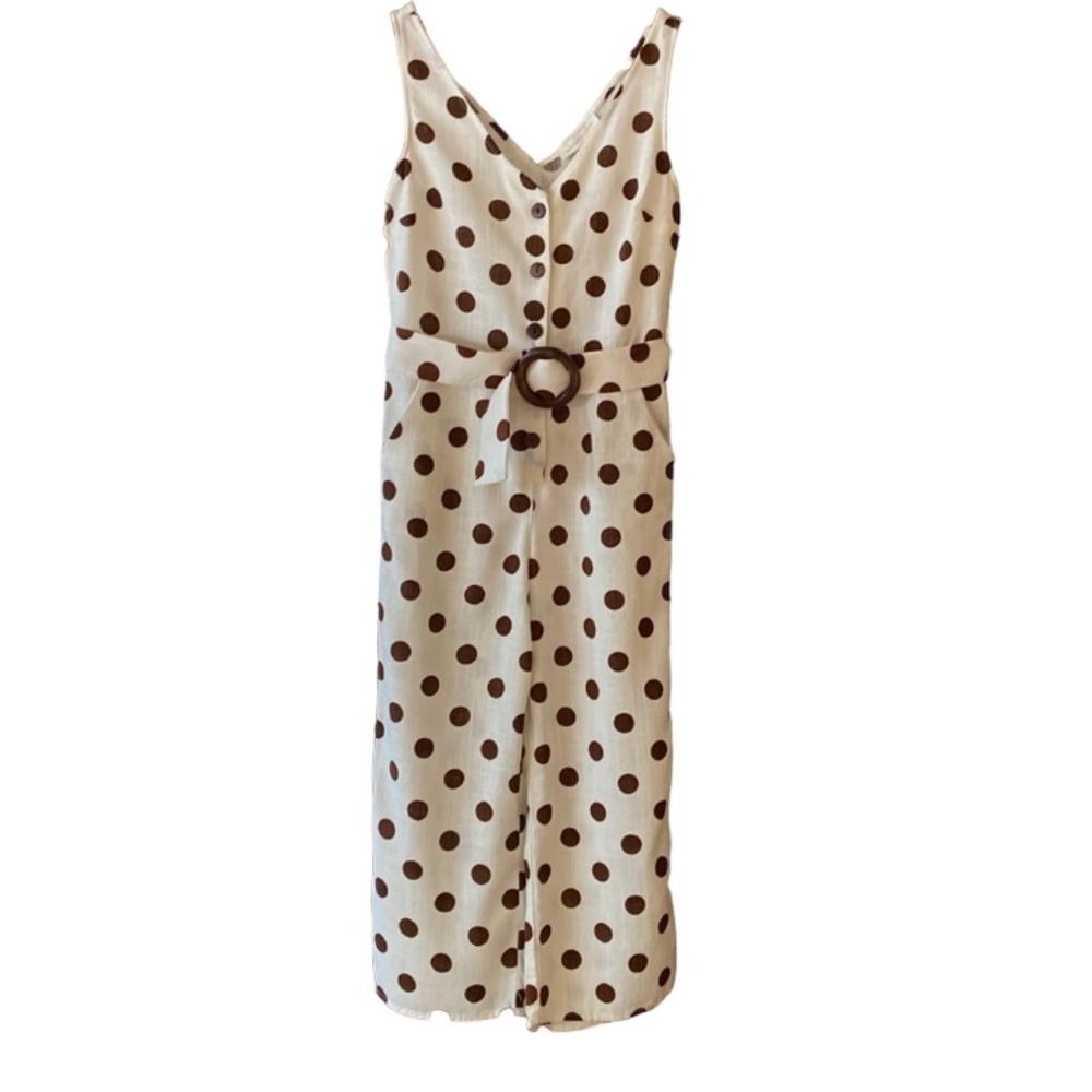 Monteau Linen Blend Polka Dot Cropped Jumpsuit Small Cream Brown Belted